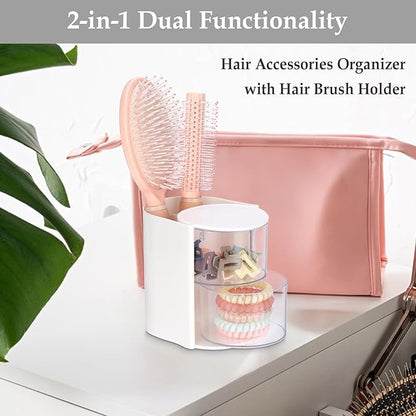 Hair Accessories Organizer with Hair Brush Holder Rotating Makeup Storage Container Plastic Desktop Storage Organizer for Hair Clip Tie, 2-Layer White