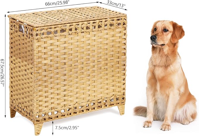 Laundry Hamper with 3 Removable Liner Bags; 132L Handwoven Rattan Laundry Basket with Lid & Heightened Feet; Clothes Hamper with Side Handles; Laundry Sorter with 3 Separate Sections