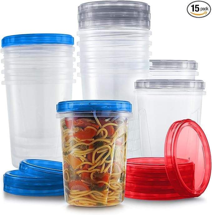 Tafura 15 Pack Leakproof Freezer Containers for Food with Twist Top Lids - 32 Oz BPA Free - Black/Blue/Red Lids