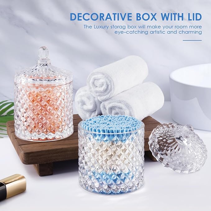 ALAMHI 2 Pack Qtip Holder Cotton Round Ball Holder Set, Apothecary Jars Glass Bathroom Storage jars with Lids for Bathroom Decor, Qtip Dispenser for Cotton Swab,Cutip