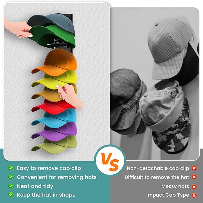 2Pack Upgraded Contour Fit Lock Hat Organizer for Baseball Cap,Hat Rack Strong Adhesive Hat Hangers for Wall Hold Up to 20 Hats,Multi-layer Hat Storage Display for Closet,Door Bedroom-Black
