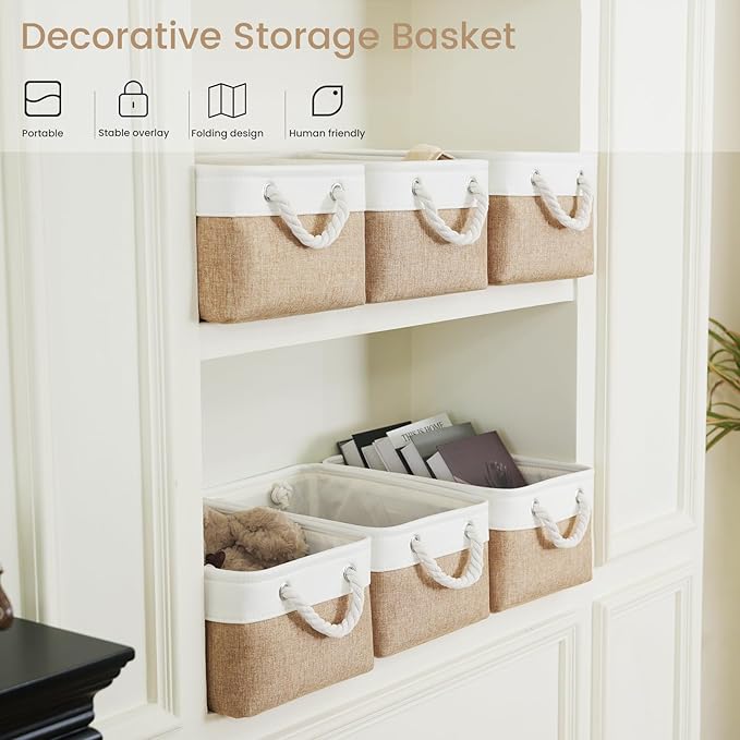 Storage Baskets for Shelves 13.8x9.8x6.7 Inch, Foldable Fabric Storage Bins with Handles, Small Storage Baskets for Organizing Closet, Office, Home Organization (6-Pack, White&Khaki)