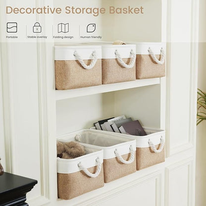 Storage Baskets for Shelves 13.8x9.8x6.7 Inch, Foldable Fabric Storage Bins with Handles, Small Storage Baskets for Organizing Closet, Office, Home Organization (6-Pack, White&Khaki)