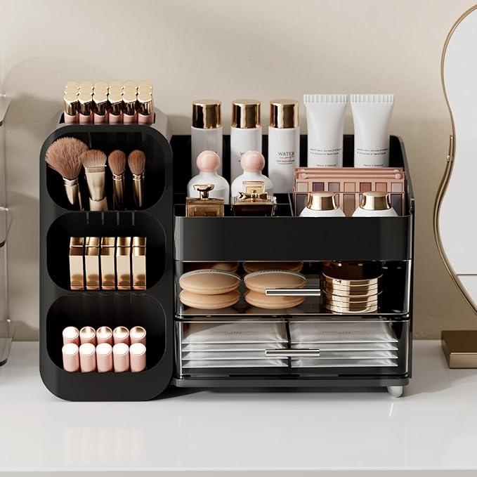 Makeup Organizer for Vanity with Brush Holder, Large Capacity Bathroom Countertop Skincare Organizer with 2 Drawers, Cosmetic Display Case for Perfumes, Eyeshadow Palettes, Nail Polishes