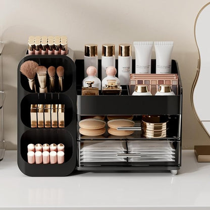 Makeup Organizer for Vanity with Brush Holder, Large Capacity Bathroom Countertop Skincare Organizer with 2 Drawers, Cosmetic Display Case for Perfumes, Eyeshadow Palettes, Nail Polishes