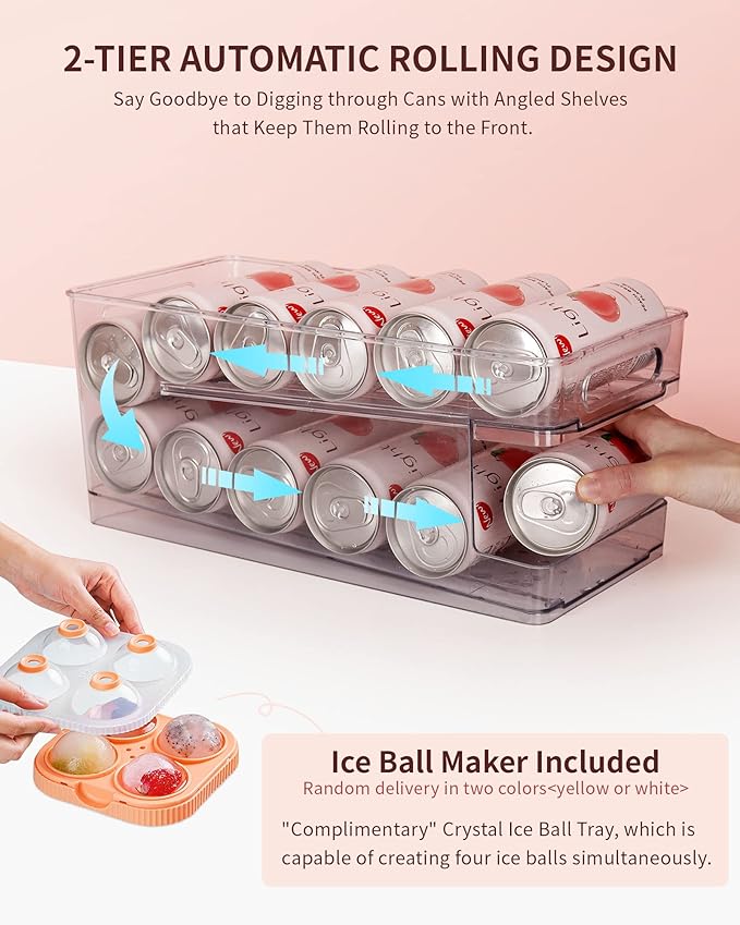 2 Pack Rolling Soda Can Dispenser for Refrigerator with 1 Pack Ice Ball Maker, Pantry Organization and Storage 2-Layer Beverage Holder for Fridge, Clear