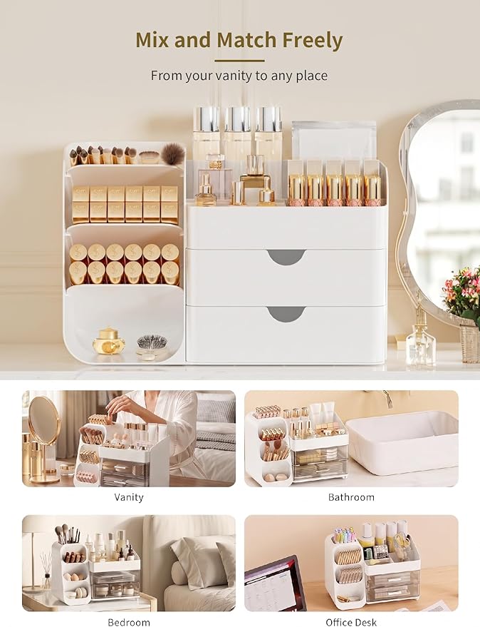 Booklov Makeup Organizer for Vanity, Countertop Cosmetic Display Case with Drawers, Bathroom Counter Beauty Caddy, Comfyroom Table Storage Holder for Skincare, Brush Eyeliner Eyeshadow Lipstick, White