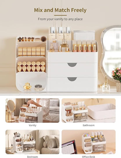 Booklov Makeup Organizer for Vanity, Countertop Cosmetic Display Case with Drawers, Bathroom Counter Beauty Caddy, Comfyroom Table Storage Holder for Skincare, Brush Eyeliner Eyeshadow Lipstick, White