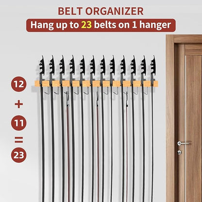 Belt Hanger for Closet Max 42 Belts, 2-in-1 Wall Mount Belt Organizer with 360° Rotating Hooks, Wooden Tie and Belt Rack for Closet Accessories Organizers and Storage, 12+11 Storage
