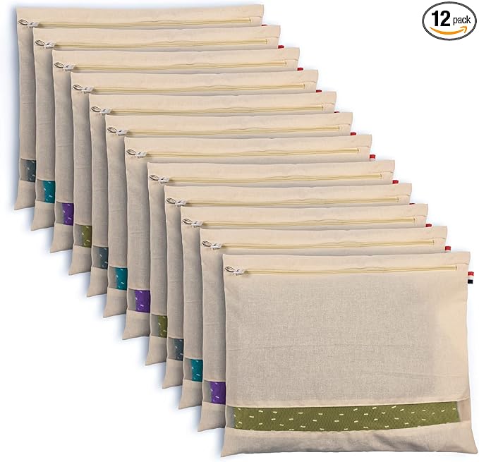 Cotton Saree Bags Covers for Storage Set with Zip Closure for Clothes Bags and Wardrobe Organizer with Transparent mesh window 16 x 14 Inches Pack 0f 12
