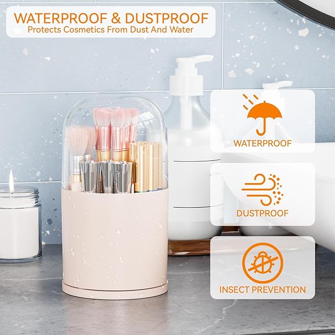 Yieach Rotating Acrylic Makeup Brush Holder with Lid for Vanity,Bathroom,Countertop,Covered Makeup Brushes Organizer,Round Spinning Cosmetic Brushes Holder and Make up Brush Storage with Cover,Pink