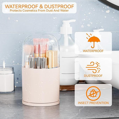 Yieach Rotating Acrylic Makeup Brush Holder with Lid for Vanity,Bathroom,Countertop,Covered Makeup Brushes Organizer,Round Spinning Cosmetic Brushes Holder and Make up Brush Storage with Cover,Pink