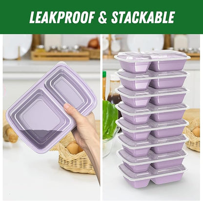 Dealusy 50 Pack (100-Piece) 28 oz Meal Prep Containers Reusable with Lids 2-Compartment, Sturdy Leakproof Food Safe, Microwave Freezer Dishwasher Safe, To Go Take Out Plastic Food Storage, Lilac