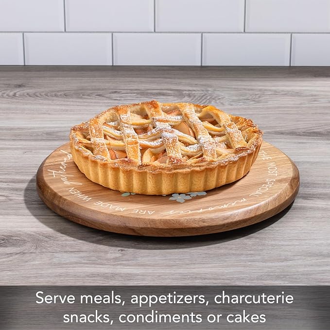 CounterArt Decorative Round Natural Wood Lazy Susan Turntable 14" Diameter Condiment Caddy, Cheese Server, Cake Plate, Spice Organization (Family Table)