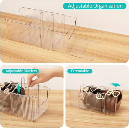 Clear Belt Organizer Extendable, 2 Pack Acrylic Belt Storage Holder with Adjustable Dividers, Belts Storage Container for Drawer and Closet Organization