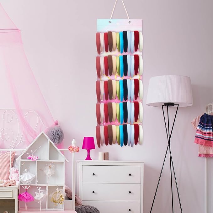 Tudomro Hanging Headband Holder for Girls Felt Hair Accessories Organizer with 60 Elastic Bands Bow Hanger for Girls Hair Bows Without Headbands(Pink,Unicorn)