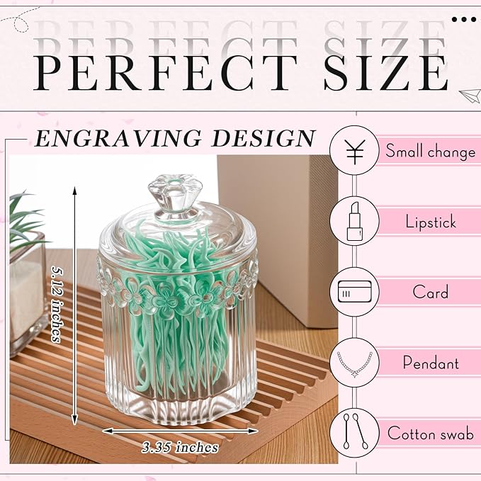 Hushee 4 Pcs Crystal Glass Candy Jar Set with Lids Home Decorative Storage Jars for Apothecary, Bathroom, Kitchen, and Pantry, Ideal for Cotton Swabs and Jewelry(Clear)