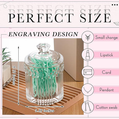 Hushee 4 Pcs Crystal Glass Candy Jar Set with Lids Home Decorative Storage Jars for Apothecary, Bathroom, Kitchen, and Pantry, Ideal for Cotton Swabs and Jewelry(Clear)