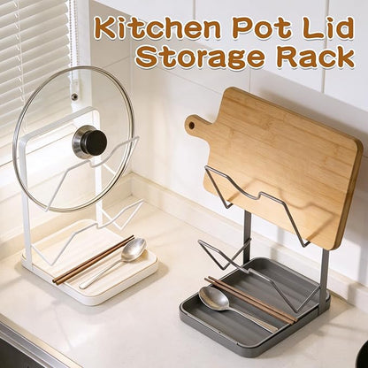 Kitchen Pot Lid Storage Rack, Pot Lid Holder With Tray, Lid Holder While Cooking, Lid And Spoon Rest, Multifunctional Kitchen Organizer Stand (White)