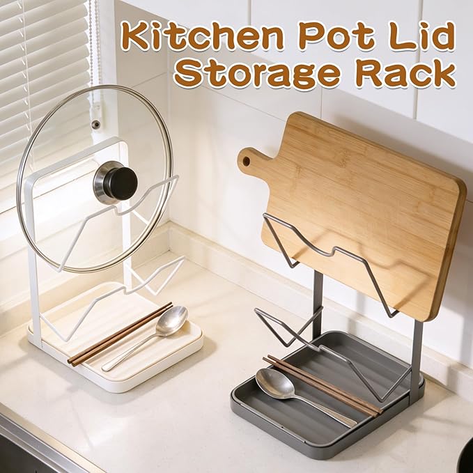 Kitchen Pot Lid Storage Rack, Double-Layer Pot Lid Organizer with Removable Drip Tray,Pot Lid Holder While Cooking,Space-Saving kitchen Countertop Organizer Storage for Pots Pans & Cutting Boards