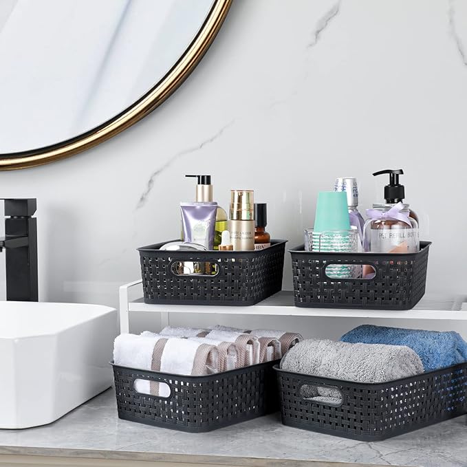 [ 8 Pack ] Plastic Storage Baskets, Small Pantry Organization and Storage Bins, Household Organizers for Laundry Room, Bathrooms, Kitchens, Cabinets, Countertops, Under Sink or Shelves, Black