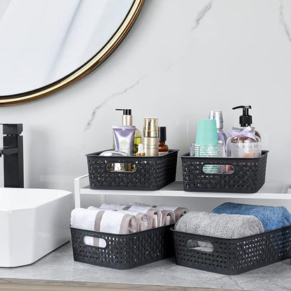 [ 8 Pack ] Plastic Storage Baskets, Small Pantry Organization and Storage Bins, Household Organizers for Laundry Room, Bathrooms, Kitchens, Cabinets, Countertops, Under Sink or Shelves, Black
