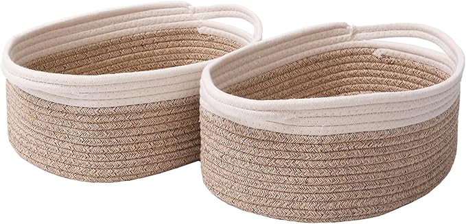 JMvicyroam Woven Basket,Small Rope Storage Bin with Handles & Ribbon Bag, Organizer for Shelves Closets,Gift Basket Empty for Birthday,Books,Dog Toys, White&Oatmeal/2 Pack