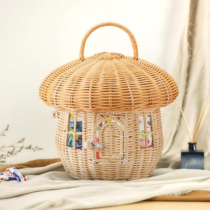 Handmade Wicker Rattan Mushroom-Shaped Storage Basket for Outdoor, Kids, Decor, Photography Props (Set of 3)