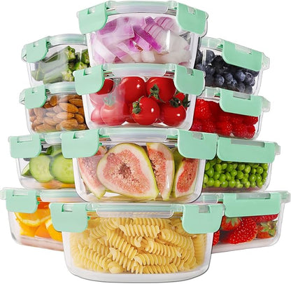 HOMBERKING 24pc Glass Food Storage Containers with Lids, Glass Meal Prep Containers, Airtight Bento Boxes, BPA Free & Leak Proof, Pantry Kitchen Storage(12 lids & 12 Containers) - Blue