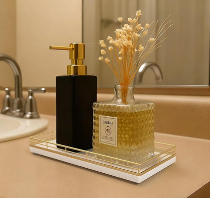 Bathroom Vanity Tray for Countertop, 12" x 6" Oak Wood Toilet Tank Tray with Metal Guardrail, Bathroom Organizer for Soap, Perfume & Skincare, Non-Slip Decorative Tray for Dresser, Gold & White