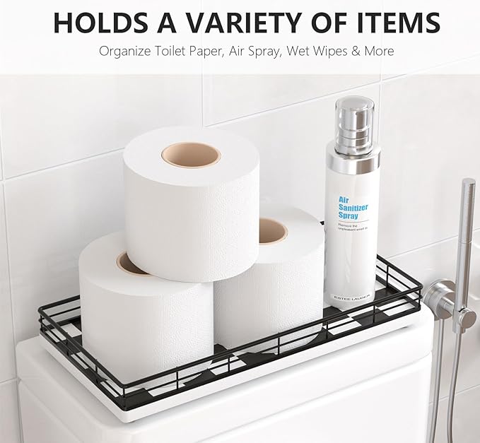 Toilet Paper Basket Organizer – Oak Wood Toilet Tank Tray with Metal Frame, Bathroom Counter Top Storage for Toilet Paper, Wipes & Decor, Modern Narrow Back of Tank Shelf Organizer, Black & White