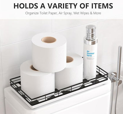 Toilet Paper Basket Organizer – Oak Wood Toilet Tank Tray with Metal Frame, Bathroom Counter Top Storage for Toilet Paper, Wipes & Decor, Modern Narrow Back of Tank Shelf Organizer, Black & White
