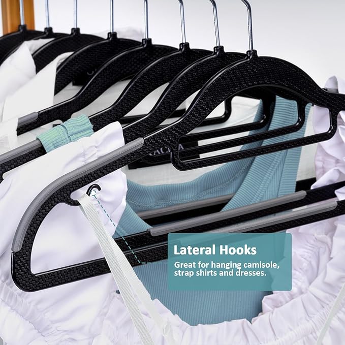 Tonswachic Heavy Duty Plastic Hangers 50 Pack, Space Saving Clothes Hangers, Non-Slip, 0.2 Inches Slim, 360° Swivel Silver Hook for Shirts, Sweaters & Pants, Black and Dark Gray
