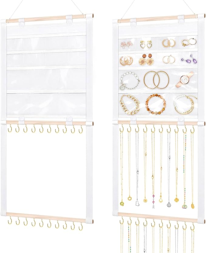 Necklace Holder Wall Mount, Hanging Jewelry Organizer, 20 Hooks & 14 Pockets, Wall Necklace Organizer With Detachable PVC Bags for Tavel, Jewelry Necklace Hanger for Bracelets,Rings Display