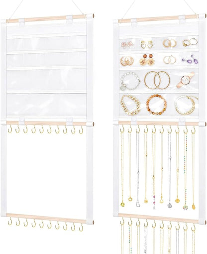 Necklace Holder Wall Mount, Hanging Jewelry Organizer, 20 Hooks & 14 Pockets, Wall Necklace Organizer With Detachable PVC Bags for Tavel, Jewelry Necklace Hanger for Bracelets,Rings Display