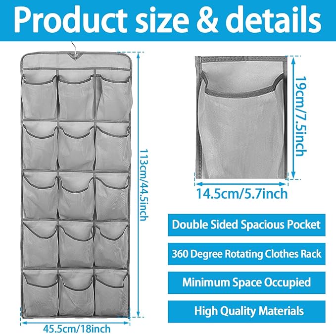 3Pcs 30 Large Pockets Dual Sided Hanging Shoe Organizer Double-Side Closet Storage Shelves with Rotating Hanger Space Saving Storage Bag Portable Shoe Rack Holder for Bedroom Laundry Room,Gray