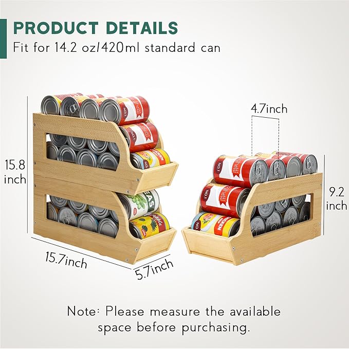 Yumkfoi Bamboo Can Organizers and Storage for Pantry, Soda Can Organizer Beverage Drink Holders, Stackable Canned Goods Organizer Can Dispenser for Pantry, Kitchen, Cabinet (2 Pack)