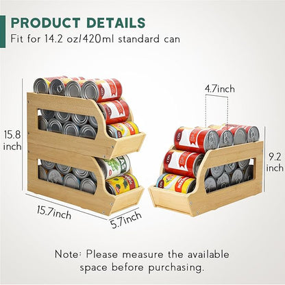 Yumkfoi Bamboo Can Organizers and Storage for Pantry, Soda Can Organizer Beverage Drink Holders, Stackable Canned Goods Organizer Can Dispenser for Pantry, Kitchen, Cabinet (2 Pack)