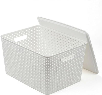 BINO | Plastic Storage Baskets with Lids, 33 Liter - 3 Pack, White | THE WOVEN COLLECTION | Storage Basket for Shelves | Woven Storage Baskets for Organizing Bins Pantry Shelf Organizer Container Bin