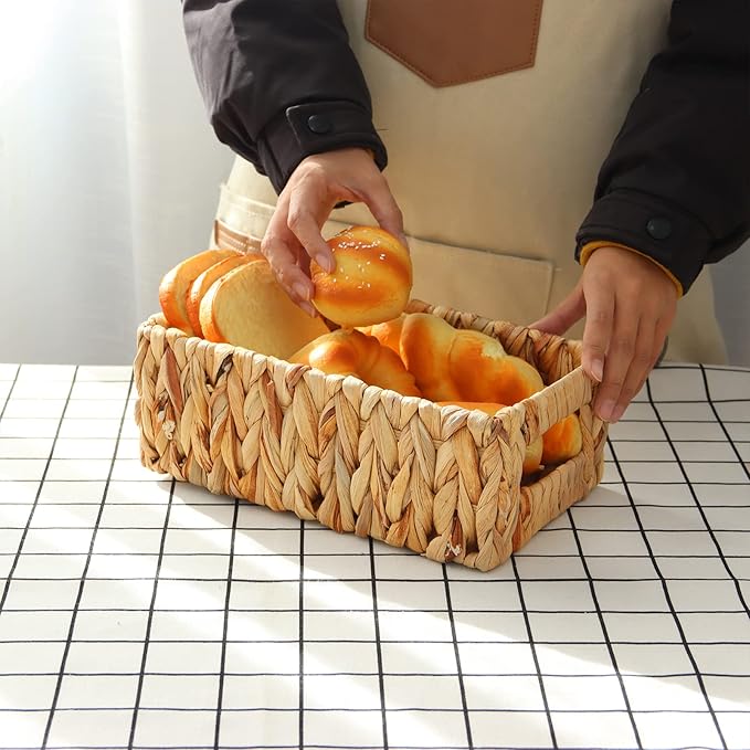 YAHUAN Woven Water Hyacinth Baskets for Organizing, Rectangular Wicker Baskets with Built-in Handles, Small Storage Baskets for Shelves (Water Hyacinth 1-Pack)