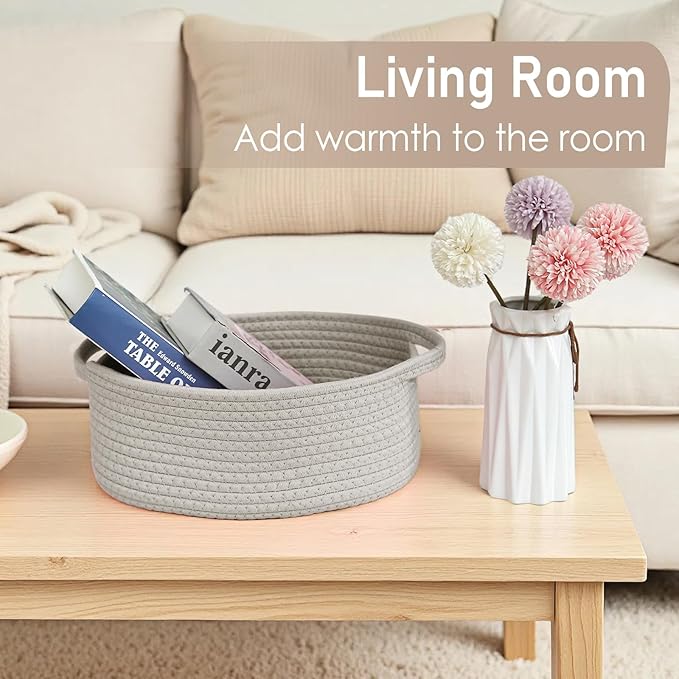 JMvicyroam Woven Basket,Small Rope Storage Bin with Handles & Ribbon Bag, Organizer for Shelves Closets,Gift Basket Empty for Birthday,Books,Dog Toys, Grey