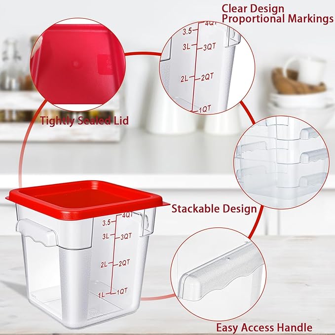 4 Pack 4QT Food Storage Containers with Red Lids, Clear Square Restaurant Commercial Food Storage Containers with Handle and Scale, Marinating Container Dough Rising Bucket for Home & Dining