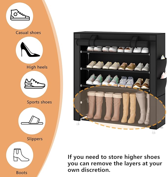 Laiensia 5-Tier Vertical Shoe Rack Organizer, Space Saving Shoe Storage Organizer, Non-Woven Cover Shoe Shelf Holds 20-25 Pairs for Bedroom, Hallway, Closet Entryway, Black