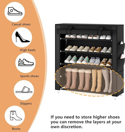 Laiensia 5-Tier Vertical Shoe Rack Organizer, Space Saving Shoe Storage Organizer, Non-Woven Cover Shoe Shelf Holds 20-25 Pairs for Bedroom, Hallway, Closet Entryway, Black