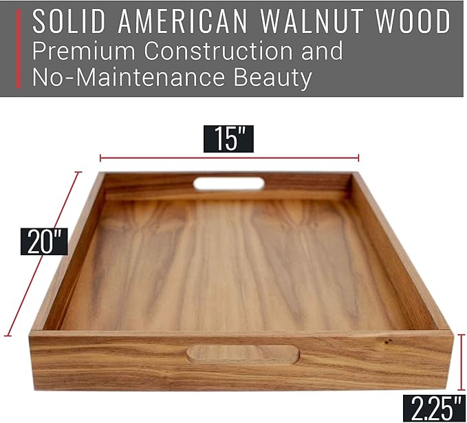 Virginia Boys Kitchens Walnut Wood Serving Tray with Handles - Serve Coffee, Tea, Cocktails, Appetizers, Breakfast in Bed or for Ottomans or Desk - 20x15 Rectangular