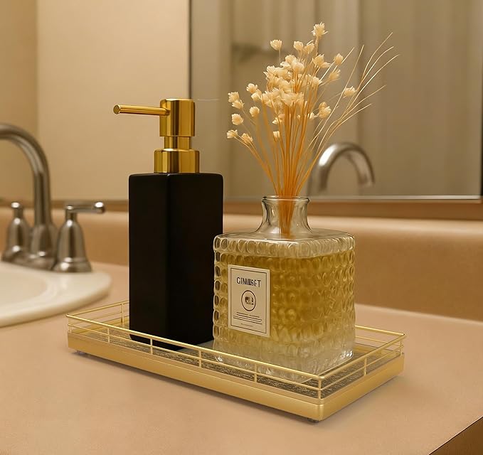 Bathroom Vanity Tray for Countertop, 12" x 6" Oak Wood Toilet Tank Tray with Metal Guardrail, Bathroom Organizer for Soap, Perfume & Skincare, Non-Slip Decorative Tray for Dresser & Vanity, Gold