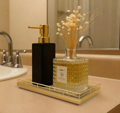 Bathroom Vanity Tray for Countertop, 12" x 6" Oak Wood Toilet Tank Tray with Metal Guardrail, Bathroom Organizer for Soap, Perfume & Skincare, Non-Slip Decorative Tray for Dresser & Vanity, Gold