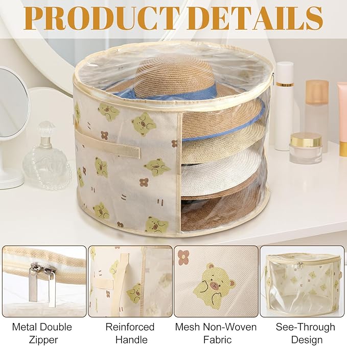 AceOrbit 4 Pcs Oversized Clear Hat Storage Box for Women 16.5 x 10.4 Inch Cowboy Hat Storage Box with Lid Hats Bags for Travel Holds up to 7 Caps (Beige,Bear Style)