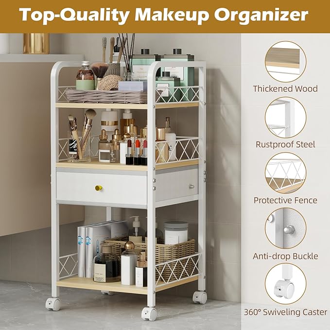 Makeup Organizer Rolling Cart with Drawer, Makeup Organizer on Wheels, Rolling Makeup Bathroom Storage Cart, Cosmetics Display for Nail Polish Makeup Brush