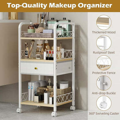 Makeup Organizer Rolling Cart with Drawer, Makeup Organizer on Wheels, Rolling Makeup Bathroom Storage Cart, Cosmetics Display for Nail Polish Makeup Brush